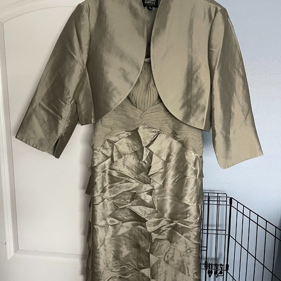 ADRIANNA PAPPEL Satin Champagne Formal Shutter Pleaded Midi Jacket Dress 10 1333 - Picture 12 of 12